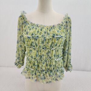 SO Ruffle Floral Blouse Top Womens Large Green Blue Cottagecore Sheer